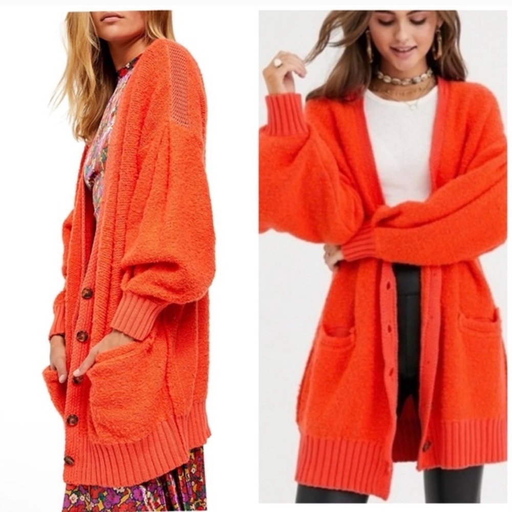 Free People Snow‎ Drop Over Sized Cardigan Orange V Neck Sweater Size Small